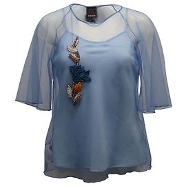 Pinko Blumenperlenbluse aus hellblauer Seidenmischung Blau