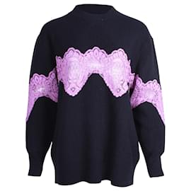 Sandro-Sandro Lace-Accent Sweater Top in Navy Blue Wool-Navy blue