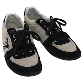 Louis Vuitton-LOUIS VUITTON Sneakers Cotton Gray Black LV Auth 39348-Black,Grey