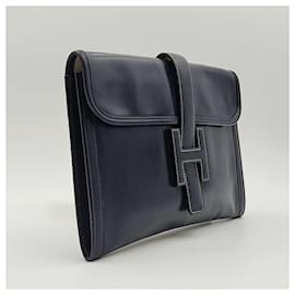 AUTH HERMES Jige PM Dark Navy Blue Vintage Box Calf Clutch Bag