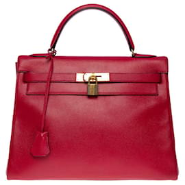 Hermès-BOLSA KELLY 32 alça de ombro torneada em couro Courchevel vermelho -101148-Vermelho