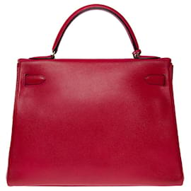 Hermès-KELLY HANDBAG 32 turned shoulder strap in red courchevel leather-101148-Red