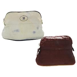Hermès-HERMES Bolide Pouch Canvas 2Set Beige Wine Red Auth bs4779-Beige,Other