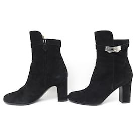 Hermès-HERMES PLAYER BOOTS SHOES 40.5 GOAT VELVET BUCKLE KELLY BOOTS-Black