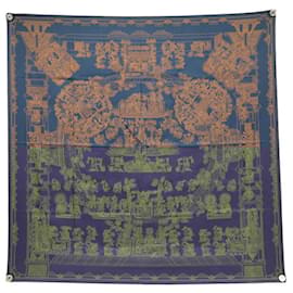 Hermès-HERMES ASTRES ET SOLEILS CARRE SCARF 90 NAVY SILK BLUE SCARF-Navy blue