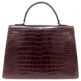 Hermès-VINTAGE HERMES KELLY HANDBAG 32 SELLIER IN BROWN CROCODILE LEATHER HAND BAG-Brown