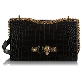 Alexander Mcqueen-Alexander McQueen Black Jewelled Croc Embossed Satchel-Black