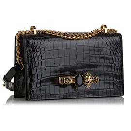 Alexander Mcqueen-Alexander McQueen Black Jewelled Croc Embossed Satchel-Black