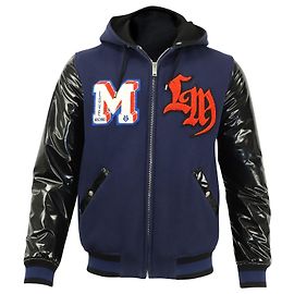 Love Moschino Bomber Badge Jacket with Contrast Sleeves in Blue Wool Blue