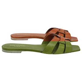 Saint Laurent-Saint Laurent Flat Tribute Slide Sandals in Brown Leather-Brown