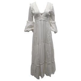 LoveShackFancy - Robe longue à col en V et manches bouffantes en coton blanc Blanc