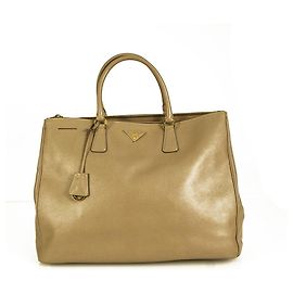 Borsa shopper PRADA XL Saffiano Lux foderata con zip in pelle beige Visone Beige