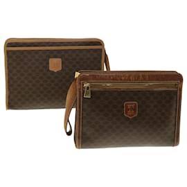 Céline-Bolsa Clutch Celine Macadam Canvas Couro PVC 2Definir Brown Auth fm2235-Marrom