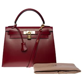 Hermès-KELLY HANDBAG 28 saddler shoulder strap in red box h-101168-Red,Dark red