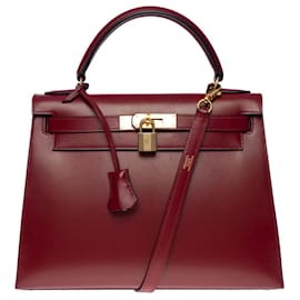 Hermès-KELLY HANDBAG 28 saddler shoulder strap in red box h-101168-Red,Dark red