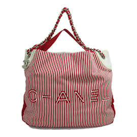 Chanel-Striped Cotton Rialto Tote Bag-Red