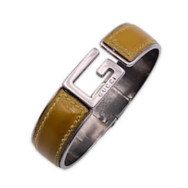 Gucci-Bracelet jonc en cuir verni jaune métal argenté avec logo G-Jaune