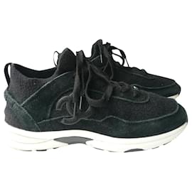 Chanel-CHANEL Black stretch trainers sneakers T38-Black
