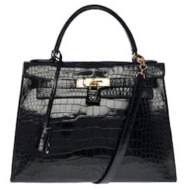 Hermès-KELLY HANDBAG 28 saddler shoulder strap in black crocodile101174-Black
