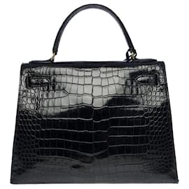 Hermès-KELLY HANDBAG 28 saddler shoulder strap in black crocodile101174-Black