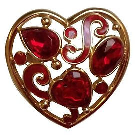 Autre Marque Broche Trifari Corazón Esmaltado con Cristales Rubí Dorado Dorado