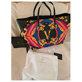 Versace-VERSACE Heritage bedruckte Leder-Einkaufstasche – Die Tasche ist neu-Schwarz,Mehrfarben