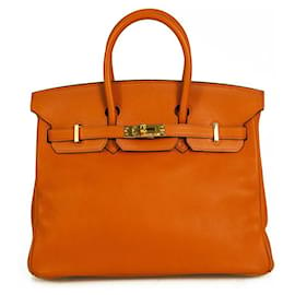 Hermès-HERMES BIRKIN 25cm Matériel de ton or en cuir orange 2016 Timbre X-Orange
