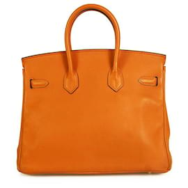 Hermès-HERMES BIRKIN 25cm Matériel de ton or en cuir orange 2016 Timbre X-Orange