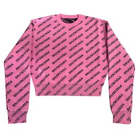 Balenciaga-MAGLIA CROPPED MINI ALLOVER LOGO ROSA DA DONNA-Nero,Rosa