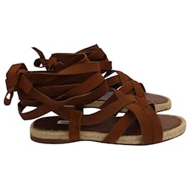 Miu Miu-Miu Miu Espadrille Lace-Up Flat Sandals in Brown Suede-Brown