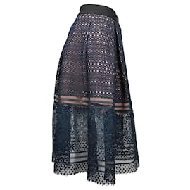 Self portrait-Self-Portrait Pleated Sofia Skirt in Navy Blue Polyester Guipure Lace -Navy blue