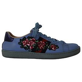 Gucci-Gucci Ace Sneakers mit Blumenmuster aus blauem Leder-Blau
