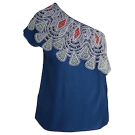 Peter Pilotto-Peter Pilotto One Shoulder Embroidered Top in Blue Viscose-Blue