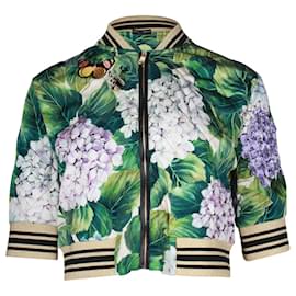 Dolce & Gabbana-Dolce & Gabbana Blouson Bomber à Imprimé Hortensia en Soie Verte-Vert