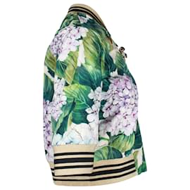 Dolce & Gabbana-Dolce & Gabbana Blouson Bomber à Imprimé Hortensia en Soie Verte-Vert