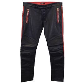 Balmain Red Stripe Biker Pants in Black Lambskin Leather Black
