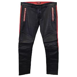 Balmain-Balmain Red Stripe Biker Pants in Black Lambskin Leather-Black