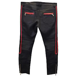 Balmain-Balmain Red Stripe Biker Pants in Black Lambskin Leather-Black