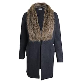 Brunello Cucinelli-Brunello Cucinelli Fur Trimmed Ribbed Cardigan in Gray Cashmere-Grey