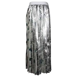 Msgm-MSGM Pleated Floral Maxi Skirt in Metallic Silver Polyester-Silvery,Metallic