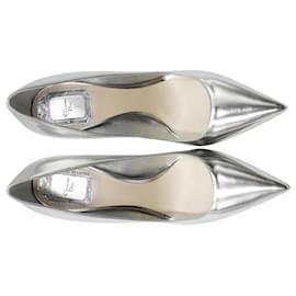 Dior-Dior Cherie Pointed-Toe Pumps in Silver Leather-Silvery,Metallic