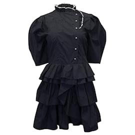 Ulla Johnson-Ulla Johnson Linnea Tiered Embroidered Mini Dress in Black Cotton-Black