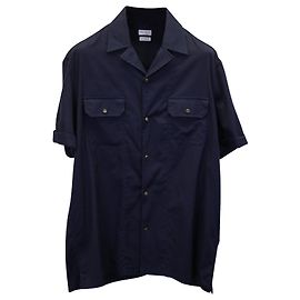 Brunello Cucinelli Camicia in Twill con Collo Camp in Cotone Blu Navy Blu navy