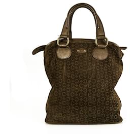 Autre Marque-Celine Monogram Brown Suede Shiny Leather Top Handles Grab bag Handbag-Brown