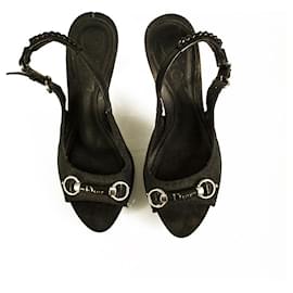 Christian Dior-Christian Dior Black Monogram Canvas Wooden Heel Pumps Slingback Shoes size 37-Black