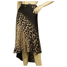 Roberto Cavalli Marrón Estampado de leopardo Espalda más larga Midi Longitud 100% Falda de Seda M Multicolor