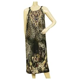 Camilla-Vestido de verão camilla floral leopardo com babados de seda sem mangas até o joelho-Multicor