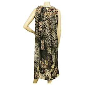 Camilla-Vestido de verão camilla floral leopardo com babados de seda sem mangas até o joelho-Multicor