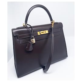 Hermès-Hermès Kelly sellier 32 cm en box marron-Marron foncé
