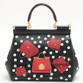 Dolce & Gabbana-Sicily Polka Dots Small Dauphine Leather Black Bag-Black